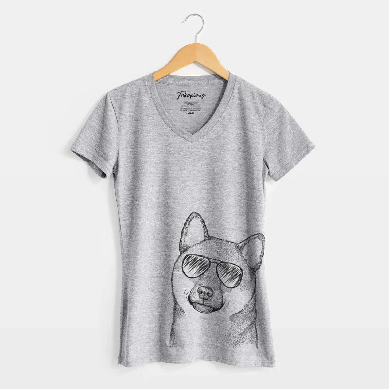Aviator Yakuza the Shiba Inu - Women's V-neck Shirt-- Anti-Pilling Machine Wash Handmade