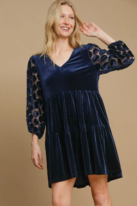 Dotted Lace Sleeve Tiered Velvet Mini Dress Elegant Satin Mini Dress