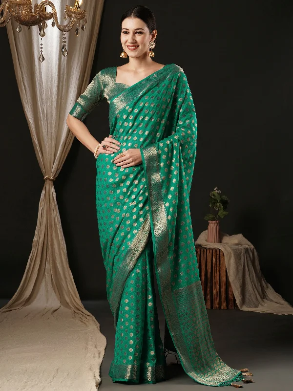 Women's Georgette Turquoise Woven Design Designer Saree With Blouse Piece Chic Wrap Blouse
