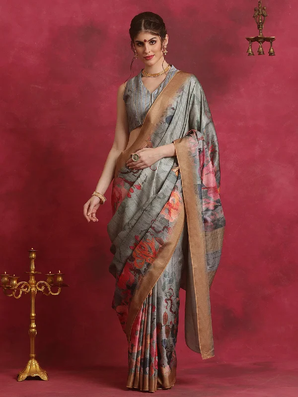 Women's Cotton Blend Grey Printed Designer Saree With Blouse Piece Elegant Silk Blouse