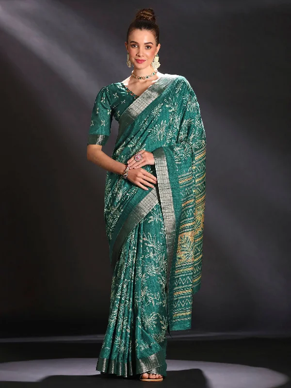 Women's Silk Blend Teal blue Printed Designer Saree With Blouse Piece Gathered Detail Blouse