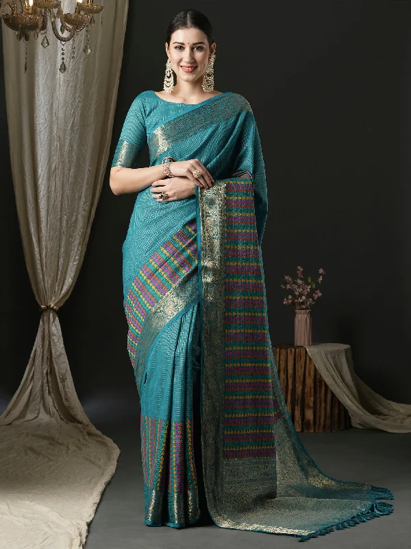 Women's Silk Blend Blue Woven Design Designer Saree With Blouse Piece Vintage Polka Blouse