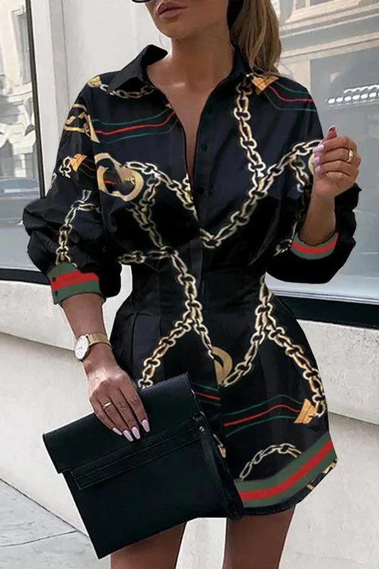 TIGHT WAIST CHAIN PRINTED SHIRTS EMPIRE MINI DRESS Fashionable Lace Mini Dress