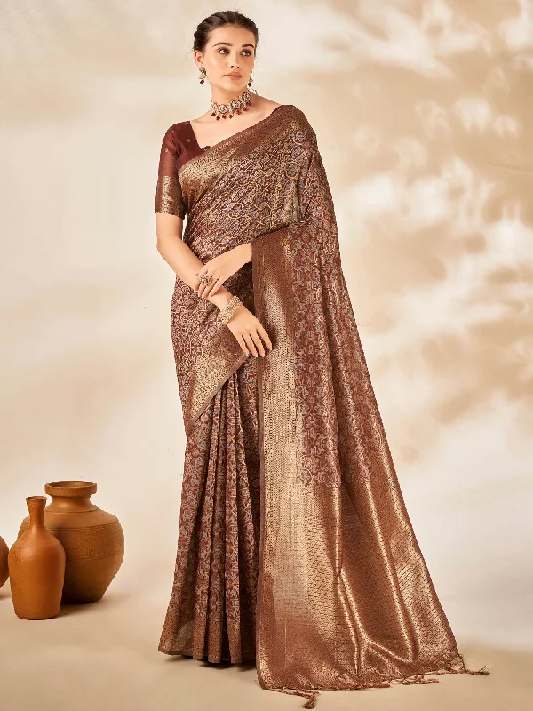 Women's Cotton Silk Brown Woven Design Designer Saree With Blouse Piece Lightweight Linen Blouse