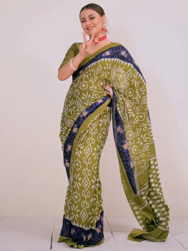 Women's Cotton Olive Printed Ready to Wear With Blouse Piece Feminine Tie Blouse