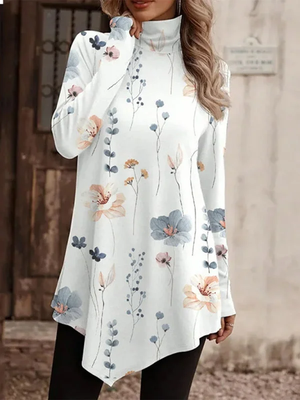 High collar bohemian print casual long sleeve T-shirt-- Sequined Glittery Shiny
