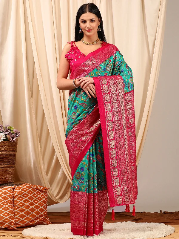 Women's Cotton Blend Blue Printed Designer Saree With Blouse Piece Chic Ruffle Blouse