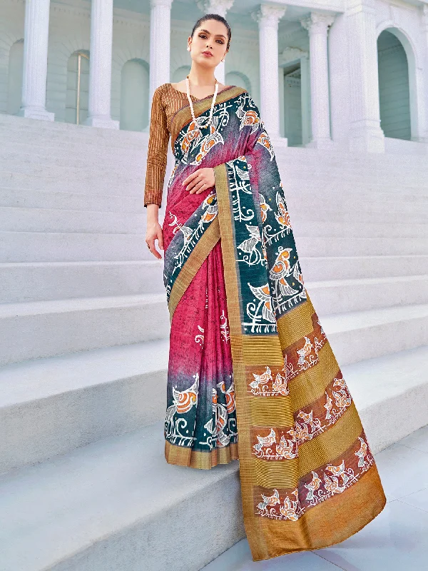 Women's Cotton Blend Pink Printed Designer Saree With Blouse Piece Casual Stripe Blouse