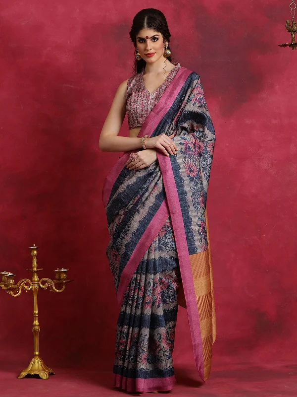 Women's Cotton Blend Navy Blue Printed Designer Saree With Blouse Piece Stretchy Fitted Blouse