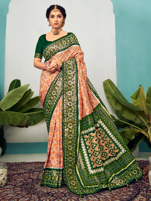 Women's Tussar Silk Peach Printed Designer Saree With Blouse Piece Romantic Lace Blouse