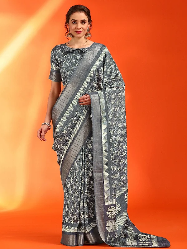 Women's Cotton Silk Grey Printed Designer Saree With Blouse Piece Side Tie Blouse