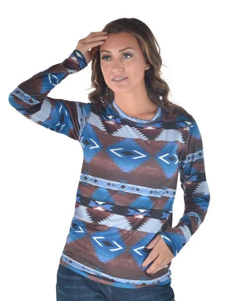 Cowgirl Tuff Womens Western Midweight Brown/Blue Poly/Spandex L/S T-Shirt-- Anti-Pilling Machine Wash Handmade