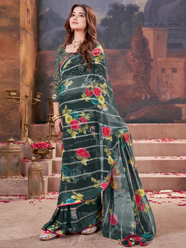 Women's Georgette Dark Green Embellished Designer Saree With Blouse Piece Lightweight Chiffon Blouse