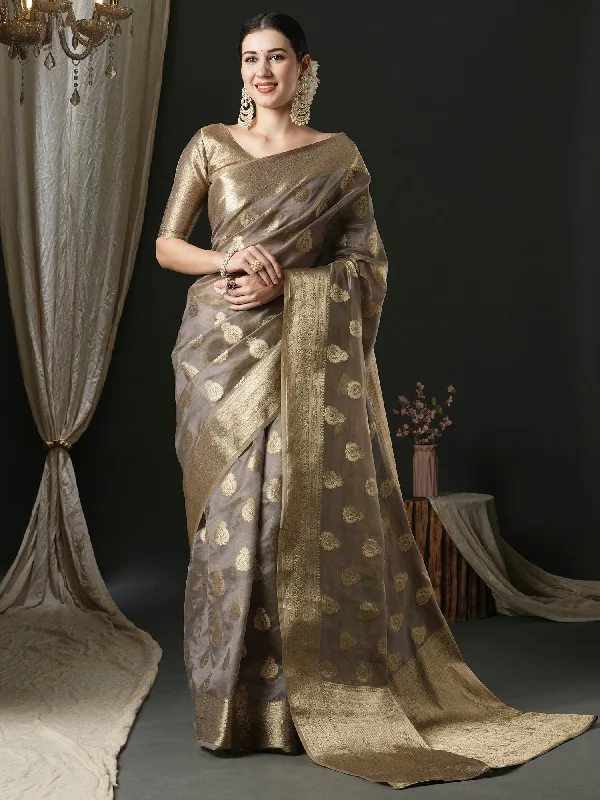 Women's Organza Grey Woven Design Designer Saree With Blouse Piece Soft Satin Blouse