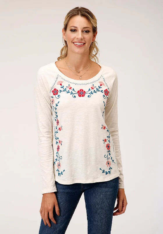 Roper Womens Cream 100% Cotton Floral Crewel L/S Embroidery T-Shirt-- Faux Fur Fabric Real Fur Fabric Shearling Fabric