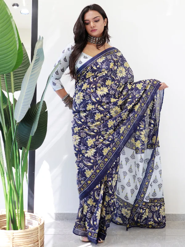 Women's Cotton Navy Blue Printed Ready to Wear With Blouse Piece Vintage Polka Blouse