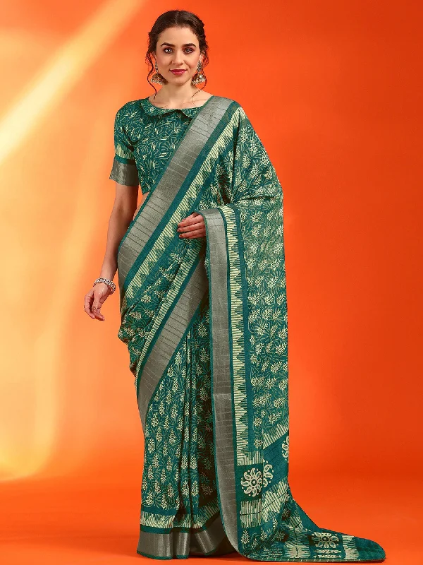 Women's Cotton Silk Teal green Printed Designer Saree With Blouse Piece Ruched Sleeve Blouse