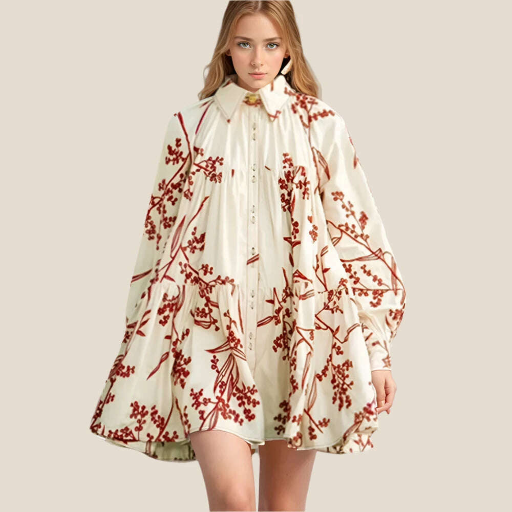 VGH Hit Color Spliced Embroidery Mini Dress For Women Lapel Collar Lantern Sleeve Patchwork Single Breasted Dresses Female New Trendy Camisole Mini Dress