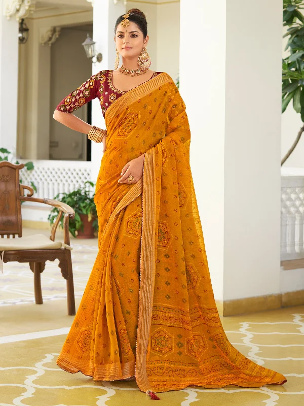 Women's Chiffon Mustard Embellished Designer Saree With Blouse Piece Casual Relaxed Fit Blouse
