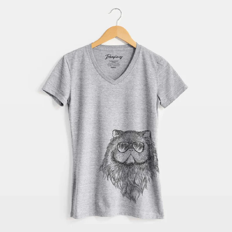 Aviator Vader the Persian Cat - Women's V-neck Shirt-- Mesh Canvas Denim