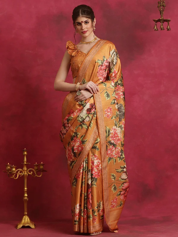 Women's Cotton Blend Mustard Printed Designer Saree With Blouse Piece Lightweight Chiffon Blouse