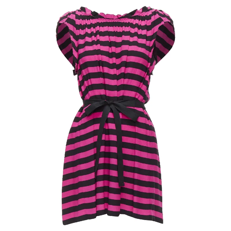 Prada Striped Pleated Drop Neck Ribbon Belt Mini Dress Modern Satin Mini Dress