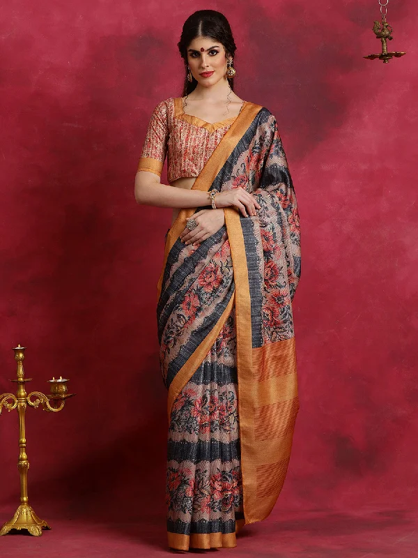 Women's Cotton Blend Black Printed Designer Saree With Blouse Piece Business Casual Blouse