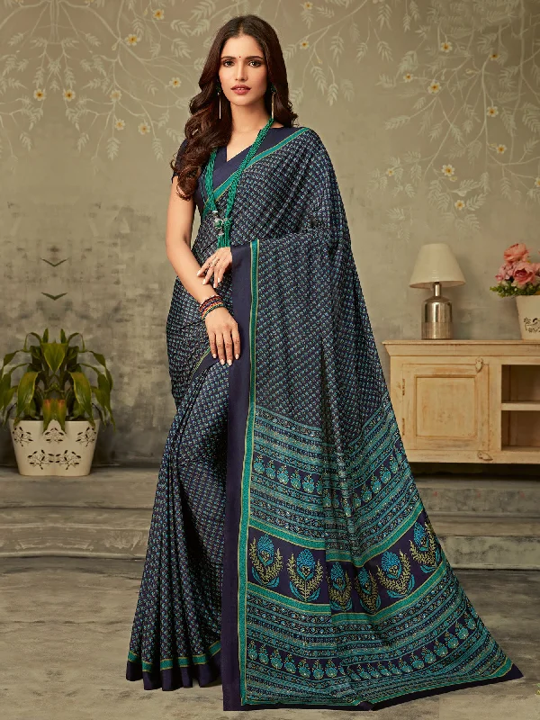 Women's Crepe Navy Blue Printed Designer Saree With Blouse Piece Smart Casual Blouse