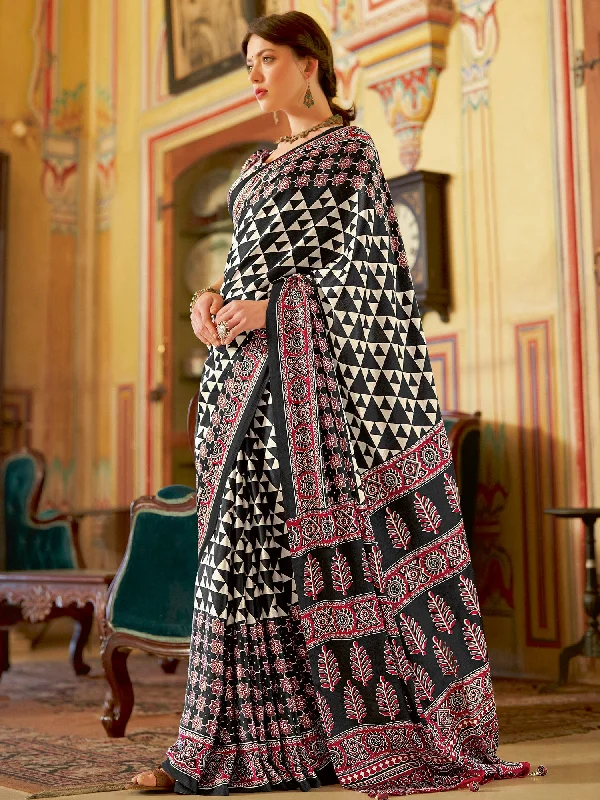 Women's Crepe Black Printed Designer Saree With Blouse Piece Satin Drape Blouse
