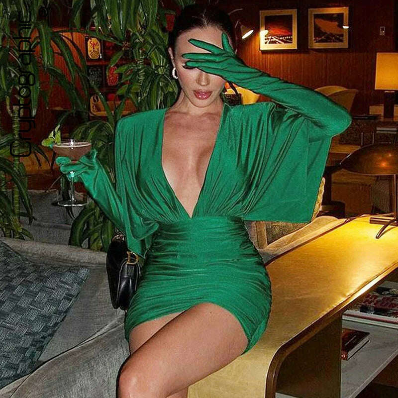 Cryptographic Fashion Sexy V Neck Bodycon Mini Dress for Women Elegant Gown Party Club Outfits Draped Gloves Dresses Clothes Stylish Button-Down Mini Dress