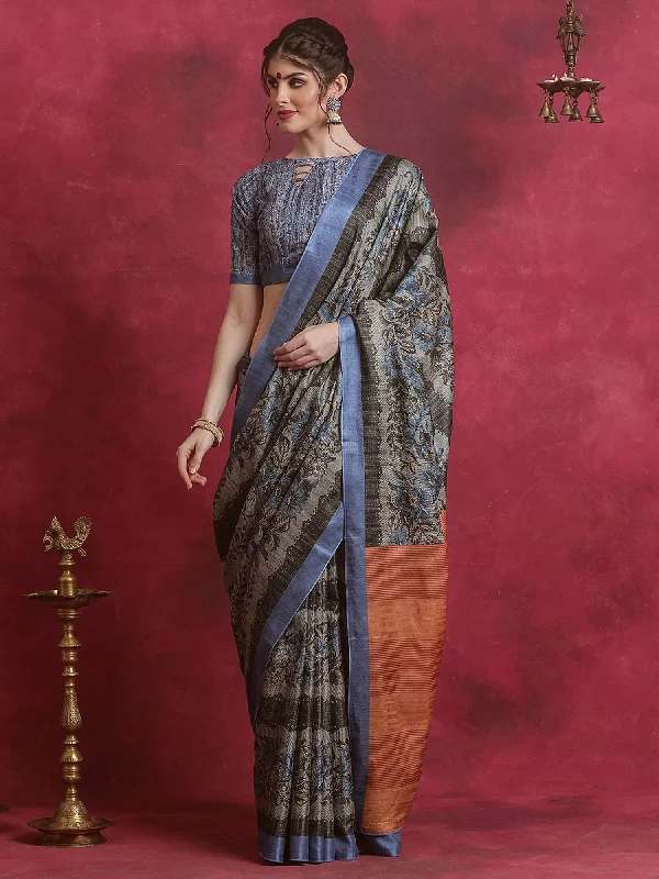 Women's Cotton Blend Grey Printed Designer Saree With Blouse Piece Gathered Detail Blouse