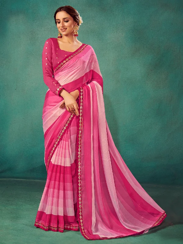 Women's Chiffon Pink Embellished Designer Saree With Blouse Piece Relaxed Fit Blouse