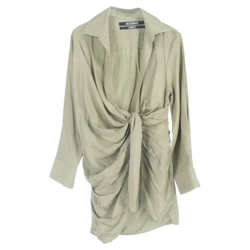 Jacquemus La Robe Bahia Tie-Detail Mini Dress in Green Viscose Elegant Tulle Mini Dress