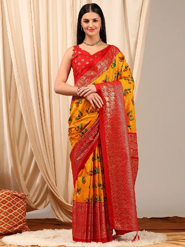 Women's Cotton Blend Yellow Printed Designer Saree With Blouse Piece Sleeveless Summer Blouse