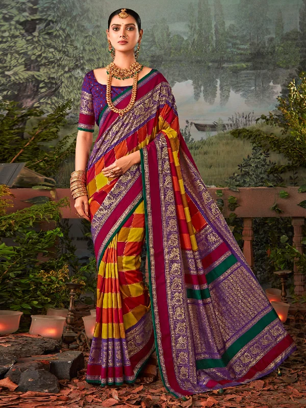 Women's Silk Blend Pink Printed Designer Saree With Blouse Piece Chic Ruffle Blouse