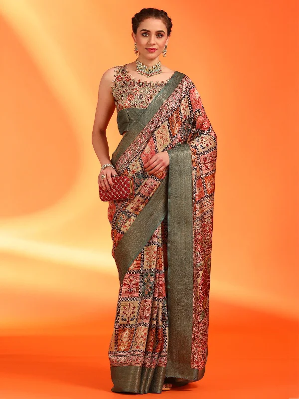 Women's Dola Silk Multicolored Printed Designer Saree With Blouse Piece Chic Off-Shoulder Blouse