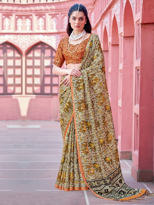 Women's Banarasi Silk Beige Printed Designer Saree With Blouse Piece Flowy Bohemian Blouse