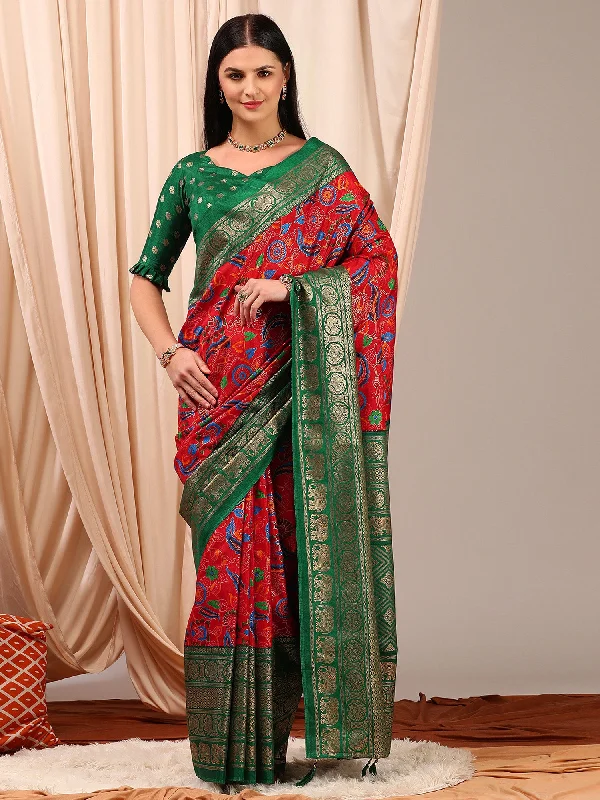 Women's Cotton Blend Red Printed Designer Saree With Blouse Piece Soft Satin Blouse
