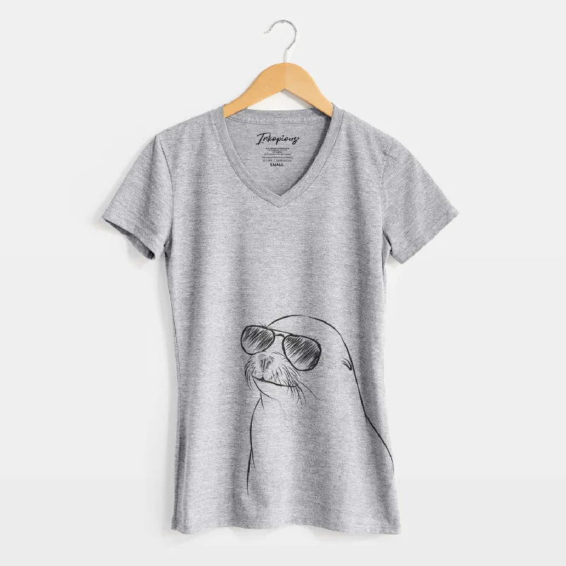 Aviator Chip the California Sea Lion - Women's V-neck Shirt-- Cashmere Blend Cotton Blend Poly Blend