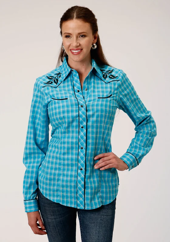 Roper Womens Turquoise/Gray Cotton Blend Small Scale L/S Leaf Shirt-- Layered Multi-layer Single Layer