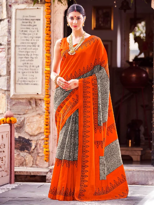 Women's Bhagalpuri Silk Orange Printed Designer Saree With Blouse Piece Double-Layered Blouse