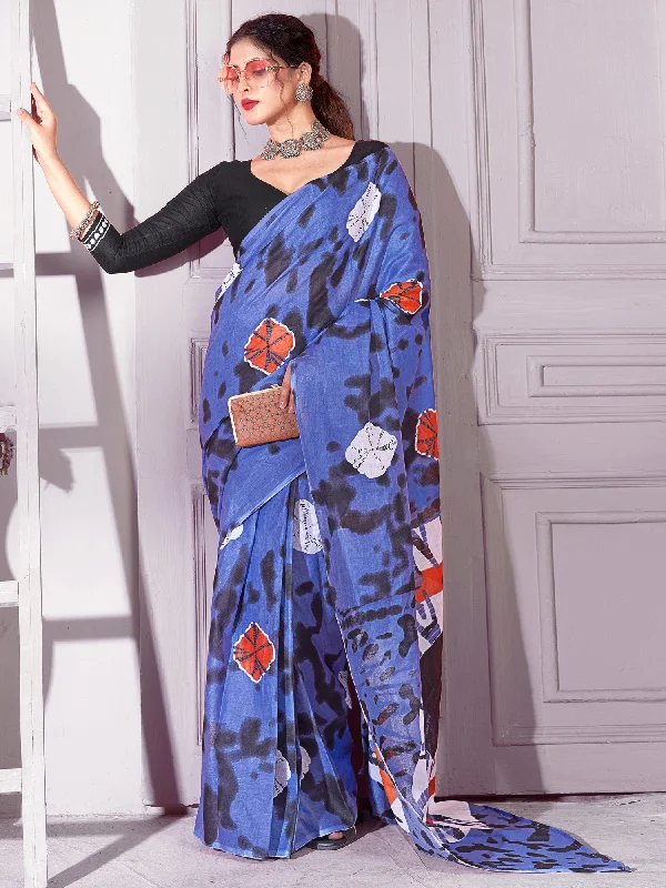 Women's Cotton Blue Printed Designer Saree With Blouse Piece Elegant Lace Blouse