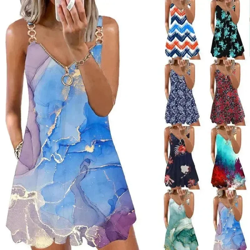 Loose Sleeveless Sling Summer Beach Printed Floral Mini Dress Chic Halter Mini Dress