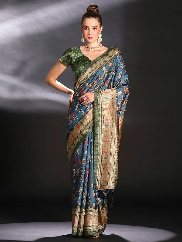Women's Cotton Blend Teal blue Printed Designer Saree With Blouse Piece Cotton Casual Blouse