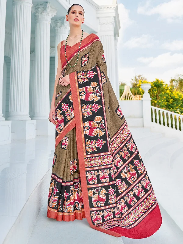 Women's Cotton Blend Olive Printed Designer Saree With Blouse Piece Stretchy Fitted Blouse