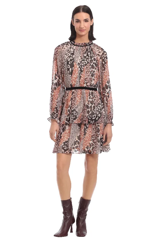 Ivory and Mocha Animal Printed Mini Dress Comfortable Off-Shoulder Mini Dress