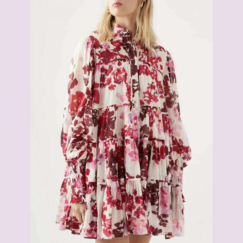 VGH Print Floral Mini Dress For Women Lapel Lantern Sleeve High Waist Colorblock Dresses Female Clothing Summer New Fashion 2022 Elegant Sequin Mini Dress