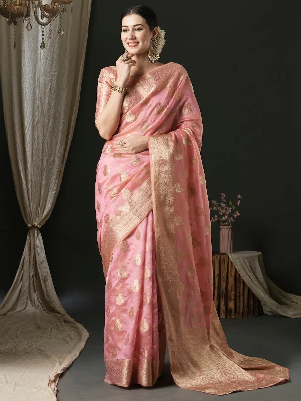 Women's Organza Pink Woven Design Designer Saree With Blouse Piece Casual Button Blouse