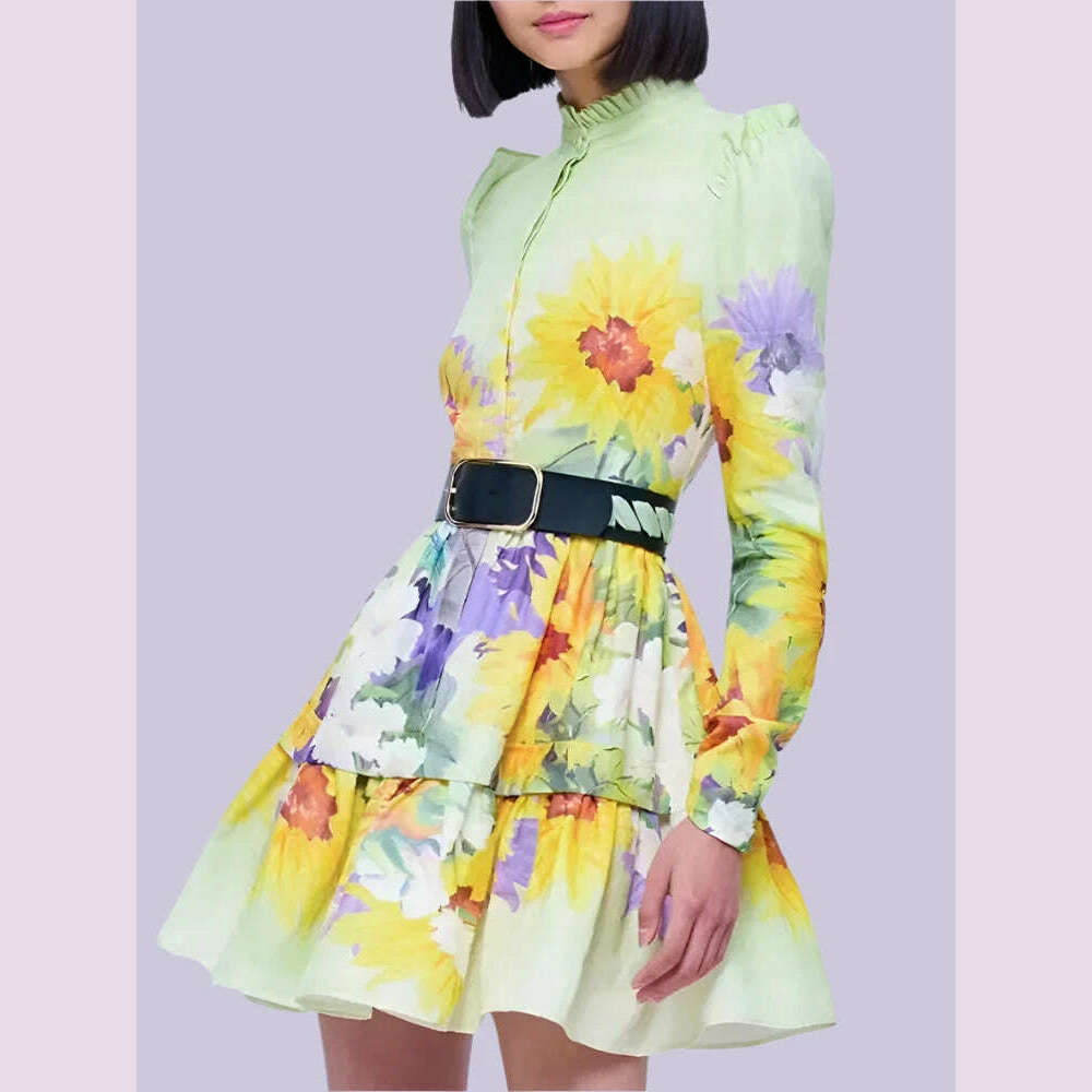 VGH Casual A Line Dress For Women Stand Collar Long Sleevehigh Waist Spliced Belt Hit Color Mini Dresses Female Clothing 2023 Classic Casual Mini Dress