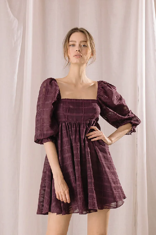 Storia Monochromatic Plaid Baby Doll Mini Dress Fashionable Party Mini Dress